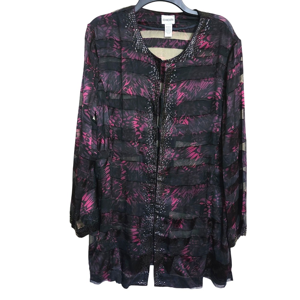 Chico's Silk Blend Cardigan Sz 3 Burgundy Black Stripe Sequin Embellished Sheer